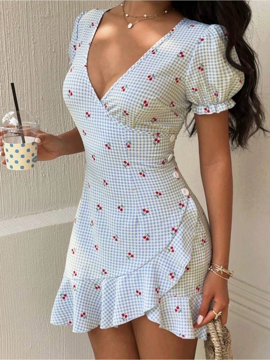 Dresses & Skirts - Blue Gingham Cherry Wrap Mini Dress